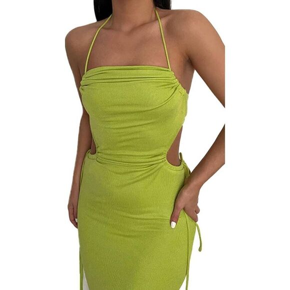 Belle MEDIUM Green Women's Sexy Halter Neck Hollow Out Maxi Dress Y2K Cutout Wai - Picture 4 of 10